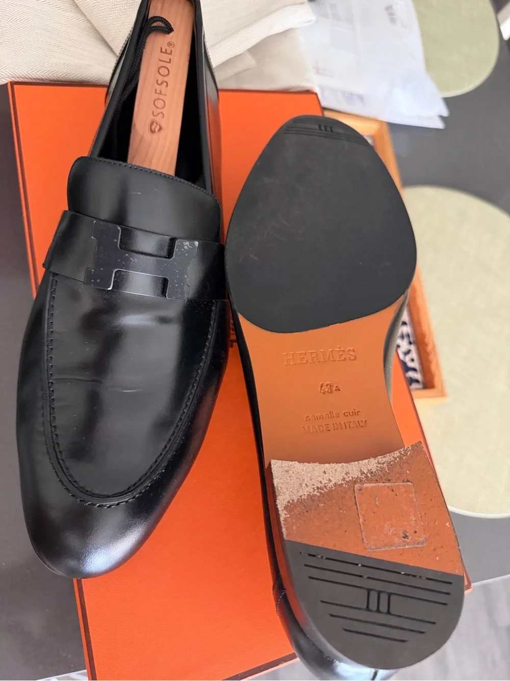 Hermes Black Leather Men's Slip-On Loafers with H Accent